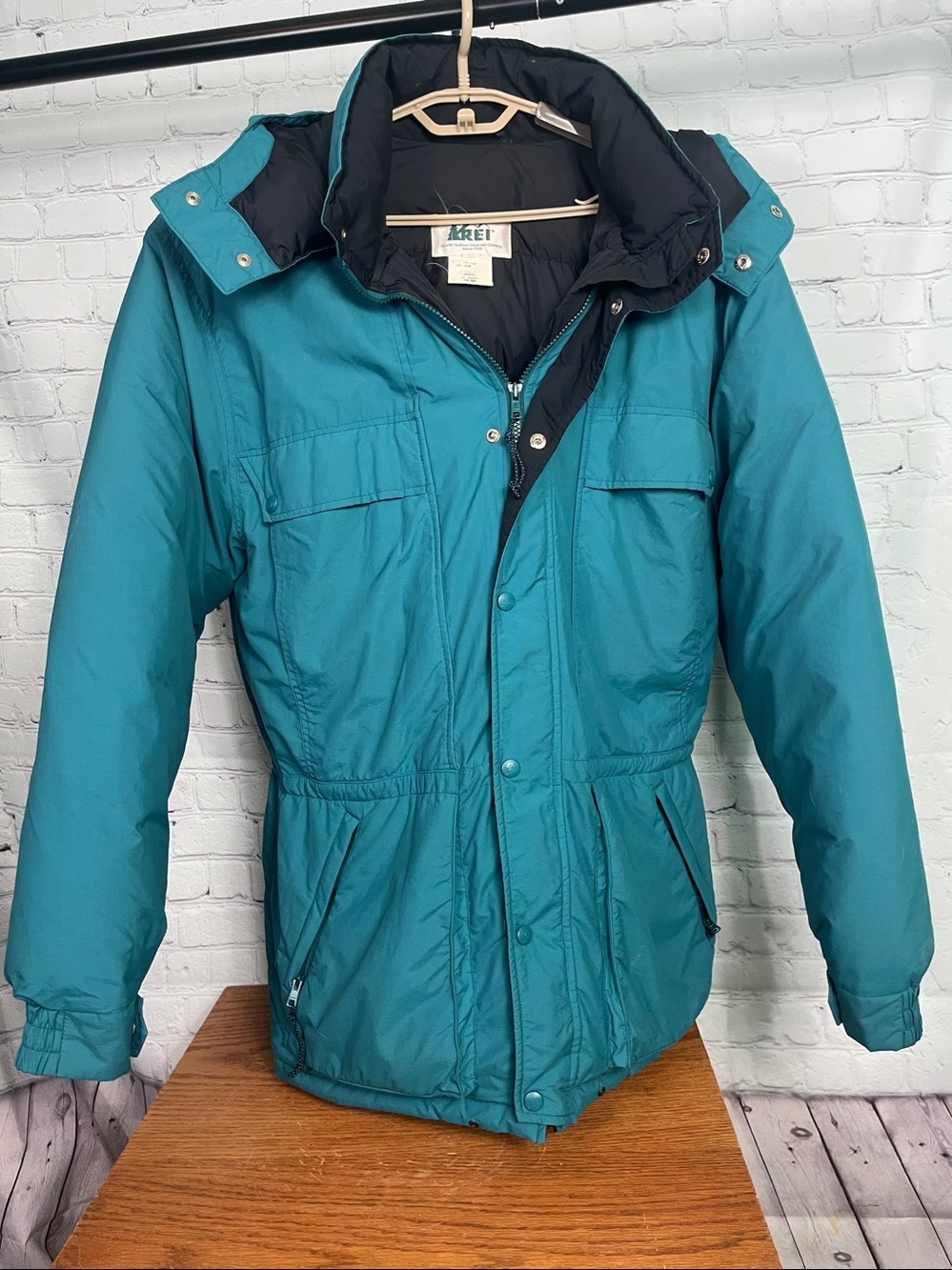 REI Vintage Mens Down Parka Jacket Teal Green Hooded Heavyweight Winter Coat L